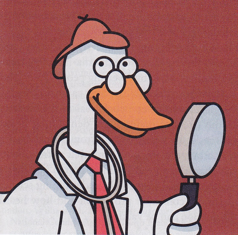 Drawing of a duck wearing a deerstalker and a stethoscope and holding a magnifying glass.