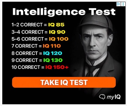 A black and white image of Sherlock Holmes to the right and a list of IQ scores related to correct answers to the left.
