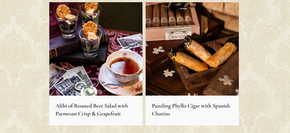 Photo of Alibi of Roasted Beet Salad with Parmesan Crisp and Grapefruit in shot glasses with pictures and a cup in a saucer; photo of Puzzling Phyllo Cigar with Spanish Chorizo with a box of cigars and jigsaw puzzle pieces.