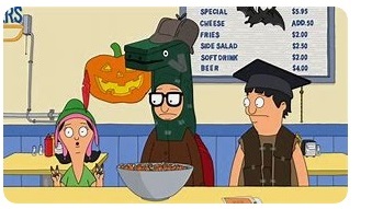 Louise, Tina and Gene from Bob's Burgers, Tina wearing a loch ness monster suit on her head, with a deerstalker on top of that.